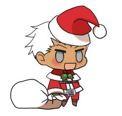 Rule 34 | 1boy, :d, alternate costume, archer (fate), blush, brown footwear, chibi, christmas, dark-skinned male, dark skin, fate/grand order, fate (series), fur-trimmed jacket, fur trim, gift bag, grey eyes, hat, highres, holding, holding sack, jacket, kkeiixxx, long sleeves, male focus, meme, no pupils, open mouth, padoru (meme), pants, red hat, red jacket, red pants, sack, santa costume, santa hat, simple background, smile, solo, white background, white hair