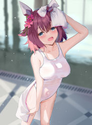 Rule 34 | 1girl, absurdres, animal ears, bare arms, blue eyes, blurry, blurry background, blush, breasts, covered navel, depth of field, dongyue sakura, flower, groin, hair between eyes, hair flower, hair ornament, highres, holding, holding towel, horse ears, horse girl, looking at viewer, medium breasts, medium hair, one-piece swimsuit, open mouth, red hair, sakura chiyono o (umamusume), school swimsuit, see-through, see-through swimsuit, solo, swimsuit, towel, umamusume, wet, wet clothes, wet swimsuit, white one-piece swimsuit