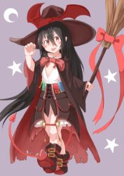 Rule 34 | 1girl, bat wings, belt, belt buckle, black footwear, black hair, blush stickers, boots, bow, broom, brown belt, brown hat, brown robe, brown skirt, buckle, claw pose, collarbone, commentary request, crescent, demon tail, fang, frilled skirt, frills, full body, hair between eyes, hat, head tilt, highres, holding, holding broom, kagarimachi konatsu, long sleeves, looking at viewer, original, purple background, red bow, red eyes, red ribbon, red wings, ribbon, robe, shirt, simple background, skirt, solo, star (symbol), starry background, tail, tongue, tongue out, torn clothes, torn skirt, vampire, walking, white shirt, wide sleeves, wings, witch, witch hat