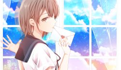 Rule 34 | 1girl, 2018, artist name, bad id, bad pixiv id, black ribbon, black sailor collar, brown eyes, brown hair, cloud, cloudy sky, commentary, english commentary, envelope, fingernails, hands up, heart, holding, holding envelope, letter, looking at viewer, looking to the side, love letter, neck ribbon, night, night sky, original, parted lips, ribbon, sailor collar, sheepd, shirt, short sleeves, sky, solo, star (sky), starry sky, twitter username, white shirt