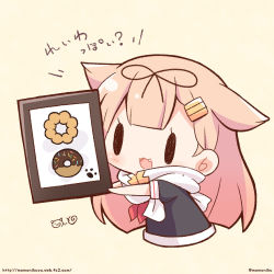 Rule 34 | 1girl, :3, :d, beige background, black ribbon, black shirt, brown hair, commentary request, doughnut, fang, food, french cruller, hair flaps, hair ornament, hair ribbon, hairclip, holding, kantai collection, long hair, momoniku (taretare-13), neckerchief, open mouth, puffy short sleeves, puffy sleeves, red neckerchief, reiwa, ribbon, scarf, shirt, short sleeves, smile, solid oval eyes, solo, translation request, twitter username, upper body, very long hair, watermark, web address, white scarf, yuudachi (kancolle), yuudachi kai ni (kancolle)