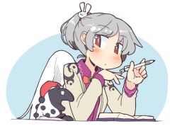 Rule 34 | 1girl, alternate hairstyle, blue background, book, bow, bowtie, commentary, doremy sweet, doremy sweet (baku), eyebrows, grey hair, hair ornament, hand on own chin, ini (inunabe00), jacket, kishin sagume, long sleeves, pen, ponytail, rabbit hair ornament, red bow, red bowtie, red eyes, short ponytail, simple background, single wing, touhou, white background, white wings, wings
