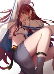 Rule 34 | 1girl, arknights, armpits, blush, breasts, coat, covered mouth, female focus, forehead, green eyes, hand on own head, highres, knees up, legs, long hair, midriff, myrtle (arknights), navel, red hair, shirt, simple background, sitting, small breasts, socks, solo, stomach, takashima shoa, tank top, thighs, white background, white coat, white shirt, white tank top