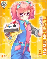Rule 34 | 1girl, bow, buttons, character name, clenched hand, closed mouth, collar, controller, english text, girlfriend (kari), glasses, gloves, holding glasses, how to, joystick, jumpsuit, looking at viewer, nejikawa raimu, official art, pink bow, pink hair, pockets, purple eyes, qp:flapper, short hair, smile, tagme, twintails, yellow background