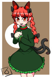 Rule 34 | 1girl, :3, :d, animal ears, black bow, bow, braid, cat ears, cat tail, dress, frilled dress, frills, green dress, hair bow, holding, holding skull, horns, kaenbyou rin, multiple tails, nekomata, open mouth, red hair, skull, smile, solo, tail, touhou, tsr2, twin braids, two tails