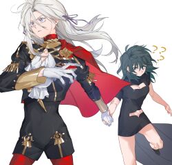 Rule 34 | 2girls, ?, ??, bare arms, black dress, black jacket, black shorts, blue eyes, blue hair, breasts, bright pupils, byleth (female) (fire emblem), byleth (fire emblem), cape, cleavage, cleavage cutout, closed mouth, clothing cutout, commentary, dress, edelgard von hresvelg, fire emblem, fire emblem: three houses, gloves, hair ribbon, hashtag-only commentary, highres, holding hands, jacket, long hair, medium breasts, molu stranger, multiple girls, nintendo, pantyhose, parted lips, purple eyes, purple ribbon, red cape, red pantyhose, ribbon, shirt, shorts, simple background, white background, white gloves, white hair, white pupils, white shirt