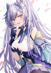 Rule 34 | 1girl, bare shoulders, blush, breasts, cone hair bun, coyucom, dress, genshin impact, gloves, hair bun, hair ornament, keqing (genshin impact), long hair, looking at viewer, medium breasts, open mouth, purple dress, purple eyes, purple gloves, purple hair, smile, solo, swept bangs, twintails