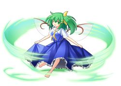 Rule 34 | 1girl, ascot, barefoot, bow, clothes lift, daiyousei, fairy wings, full body, green eyes, green hair, hair bow, matching hair/eyes, one eye closed, side ponytail, simple background, skirt, skirt lift, solo, touhou, transparent background, wind, wings, z.o.b