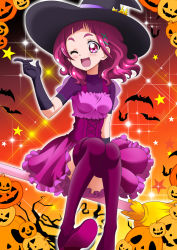 Rule 34 | 10s, 1girl, ;d, bat (animal), blush, boots, breasts, broom, broom riding, commentary request, corset, dress, elbow gloves, gloves, hair ornament, halloween, halloween costume, hanzou, hat, high heel boots, high heels, highres, hugtto! precure, jack-o&#039;-lantern, long hair, looking at viewer, nono hana, one eye closed, open mouth, panties, panty peek, pink eyes, pink hair, precure, pumpkin, shiny skin, shooting star, sidelocks, small breasts, smile, solo, sparkle, star (symbol), thick eyebrows, thigh boots, thighhighs, underwear, witch, witch hat, x hair ornament