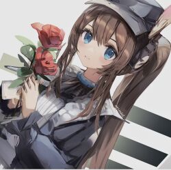 Rule 34 | 1girl, amiya (arknights), amiya (newsgirl) (arknights), animal ear fluff, animal ears, arknights, artist name, ascot, black ascot, black jacket, blue eyes, cattondoll, dutch angle, flower, grey hat, hat, headphones, highres, holding, holding flower, jacket, long hair, long sleeves, looking at viewer, official alternate costume, open clothes, open jacket, parted lips, ponytail, rabbit ears, red flower, red rose, rose, sidelocks, smile, solo, upper body, very long hair
