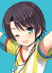 Rule 34 | 1girl, arms up, black hair, blush, green eyes, hololive, jiji (aardvark), looking at viewer, one eye closed, oozora subaru, oozora subaru (1st costume), open mouth, short hair, short sleeves, simple background, solo, upper body, virtual youtuber, whistle, whistle around neck