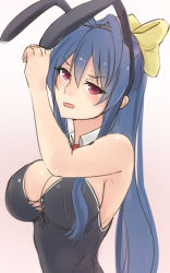 Rule 34 | 1girl, animal ears, antenna hair, bare shoulders, blazblue, blazblue remix heart, blue hair, bluefield, blush, bow, breasts, cleavage, detached collar, fake animal ears, female focus, frown, gender request, genderswap, hair bow, hair ribbon, hand on headwear, large breasts, long hair, mai natsume, playboy bunny, ponytail, rabbit ears, red eyes, ribbon, simple background, solo