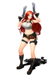Rule 34 | 1girl, absurdres, ah-lyong lee, blue eyes, boots, breasts, cosplay, cross-laced footwear, dual wielding, full body, gun, handgun, highres, holding, holster, jewelry, knee boots, lace-up boots, lara croft, lara croft (cosplay), large breasts, league of legends, long hair, midriff, navel, necklace, pistol, red hair, miss fortune (league of legends), short shorts, shorts, signature, smile, solo, standing, tank top, thigh holster, tomb raider, torn clothes, weapon