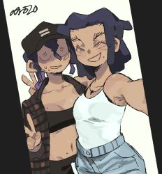Rule 34 | 2girls, absurdres, adri (whoopsatro), ava (whoopsatro), baseball cap, black hair, black headwear, black pants, blue pants, breasts, cross, cross necklace, denim, hat, highres, jeans, jewelry, medium breasts, midriff, mole, mole on breast, multiple girls, navel, necklace, one eye closed, original, pants, shirt tucked in, signature, tank top, v, white tank top, whoopsatro