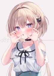Rule 34 | 1girl, blush, brown hair, cat hair ornament, claw pose, clothing cutout, commentary request, ebihara beniko, fang, grey background, hair ornament, hands up, highres, long hair, looking at viewer, low twintails, original, parted lips, shirt, shoulder cutout, simple background, solo, translated, twintails, upper body, very long hair, white shirt