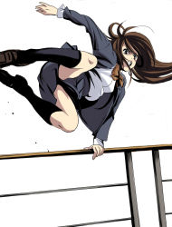 Rule 34 | 1girl, action, angry, bad id, bad pixiv id, border jumping, brown eyes, brown hair, jumping, loafers, long hair, magomago, original, outstretched arm, railing, school uniform, serafuku, shoes, solo