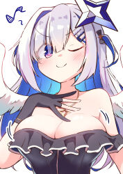 Rule 34 | 1girl, ;), absurdres, alternate breast size, amane kanata, amane kanata (work), angel wings, asymmetrical bangs, asymmetrical hair, batarop, black dress, black gloves, blue hair, blue wings, blush, breasts, bursting breasts, colored inner hair, commentary request, dress, feathered wings, frilled dress, frills, gloves, gradient wings, grey hair, hair over one eye, halo, hand on own chest, highres, hololive, jewelry, large breasts, mini wings, multicolored hair, multicolored wings, necklace, off-shoulder dress, off shoulder, official alternate costume, official alternate hair length, official alternate hairstyle, one eye closed, partially fingerless gloves, purple eyes, single hair intake, skindentation, smile, solo, star (symbol), star halo, star necklace, streaked hair, two side up, upper body, v-shaped eyebrows, virtual youtuber, white wings, wings