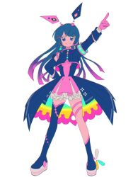 Rule 34 | 1girl, animal ears, armband, asymmetrical legwear, asymmetrical sleeves, black dress, black hair, blue eyes, detached sleeves, dress, earrings, fake animal ears, full body, gloves, gradient hair, hair ornament, hairclip, hand up, jewelry, long hair, looking at viewer, multicolored clothes, multicolored dress, multicolored hair, nijisanji, official alternate costume, pink dress, pink gloves, pink hair, platform footwear, rabbit earrings, rabbit ears, saisho no pengin, simple background, single detached sleeve, single thighhigh, smile, solo, thigh strap, thighhighs, tsukino mito, virtual youtuber, white background