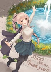 Rule 34 | 1girl, alternate costume, beige sweater, black footwear, black legwear, boots, brown eyes, flower, milestone celebration, fountain, full body, grey jacket, grey skirt, hair ribbon, highres, jacket, jacket on shoulders, k jie, kantai collection, long hair, looking at viewer, outstretched arms, pink hair, pleated skirt, ponytail, ribbon, skirt, solo, thank you, very long hair, yura (kancolle)