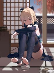 Rule 34 | 1girl, :d, ahoge, arm guards, armpits, autumn, bare shoulders, black bow, black panties, black scarf, black thighhighs, blonde hair, blurry, blurry background, bottle, bow, commentary request, cup, day, drinking glass, fate (series), feet, fence, hair bow, highres, indoors, japanese clothes, kimono, knees up, koha-ace, looking at viewer, okita souji (fate), okita souji (koha-ace), open mouth, panties, pantyshot, qiongsheng, round teeth, scarf, shelf, shin guards, short hair, short kimono, shouji, sitting, sleeveless, sleeveless kimono, sliding doors, smile, soles, solo, sunlight, tatami, teeth, thighhighs, thighs, toeless legwear, toes, underwear, white kimono, yellow eyes