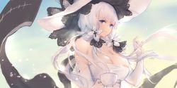 Rule 34 | 1girl, artist name, azur lane, bare shoulders, blue eyes, breasts, cleavage, day, dress, elbow gloves, flight deck, floating hair, gloves, hair ornament, hand up, hat, illustrious (azur lane), large breasts, long hair, looking at viewer, mole, mole under eye, solo, strapless, strapless dress, sun hat, swd3e2, upper body, white dress, white gloves, white hair, white hat