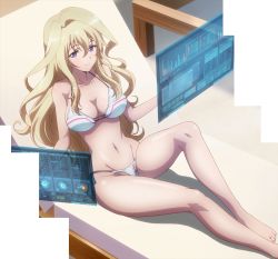 Rule 34 | 10s, 1girl, barefoot, bikini, blonde hair, blush, breasts, chair, claudia enfield, cleavage, feet, female focus, gakusen toshi asterisk, groin, highres, holographic interface, holographic monitor, large breasts, legs, long hair, looking at viewer, lounge chair, navel, non-web source, purple eyes, screencap, smile, solo, stitched, swimsuit, third-party edit, white bikini