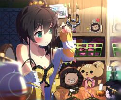 Rule 34 | 1girl, absurdres, ahoge, ama rei, aqua eyes, bare shoulders, blush, breasts, brown hair, camisole, chain, commentary request, hair ornament, hair scrunchie, highres, hololive, indoors, jacket, lock, long hair, long sleeves, looking to the side, natsuiro matsuri, natsuiro matsuri (matsuri&#039;s day off), off-shoulder jacket, off shoulder, official alternate costume, padlock, pinstripe camisole, pinstripe pattern, scrunchie, side ponytail, sitting, small breasts, solo, spaghetti strap, strap slip, striped clothes, striped jacket, stuffed toy, virtual youtuber, yellow camisole