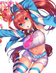 Rule 34 | 1girl, aaru (tenrake chaya), ahoge, belt, blouse, blue eyes, blue jacket, breasts, brown hair, collared shirt, cosplay, crop top, glint, hairband, highres, holding, holding pom poms, jacket, large breasts, lips, long hair, looking at viewer, midriff, mihono bourbon (umamusume), navel, necktie, nice nature (run&amp;win) (umamusume), nice nature (umamusume), nice nature (umamusume) (cosplay), open clothes, open jacket, open mouth, outstretched arms, pink necktie, pom pom (cheerleading), pom poms, red footwear, shirt, shoes, shorts, simple background, sleeveless, sleeveless shirt, sneakers, solo, sparkle, striped clothes, striped thighhighs, thighhighs, umamusume, white background, white shirt, white shorts