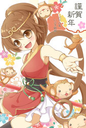 Rule 34 | 1girl, animal, animal ears, armpits, blush, bracelet, brown eyes, brown hair, chinese zodiac, dress, headpiece, holding, holding staff, ibuki ena, japanese clothes, jewelry, long hair, looking at viewer, monkey, monkey ears, monkey girl, monkey tail, new year, obi, open mouth, original, ponytail, reaching, reaching towards viewer, sash, short dress, sleeveless, sleeveless dress, smile, solo, staff, tail, thighhighs, translation request, very long hair, year of the monkey