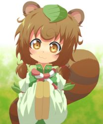 Rule 34 | 1girl, :3, animal ears, brown eyes, brown hair, female focus, head tilt, high collar, highres, large tail, leaf, midori roku, original, own hands together, raccoon ears, raccoon girl, raccoon tail, roku (touhou), short hair, short twintails, silane, smile, solo, tail, tanuki, touhou, twintails