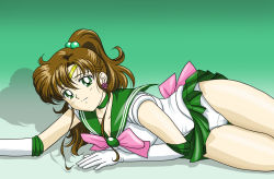 Rule 34 | 1990s (style), 1girl, asymmetrical bangs, back bow, bare legs, bishoujo senshi sailor moon, blush, bow, brown hair, choker, closed mouth, earrings, elbow gloves, gloves, gradient background, green background, green choker, green eyes, green sailor collar, green skirt, green theme, hair between eyes, hair bobbles, hair ornament, high ponytail, jewelry, kino makoto, long hair, looking at viewer, lying, magical girl, miniskirt, mr. r (2ch&#039;s sailor moon thread), on side, panties, pink bow, pleated skirt, ponytail, retro artstyle, sailor collar, sailor jupiter, school uniform, serafuku, shadow, skirt, solo, underwear, white gloves, white panties