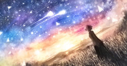Rule 34 | 1girl, blue sky, breasts, commentary request, dress, fantasy, from behind, grass, long sleeves, medium breasts, original, pink hair, sakimori (hououbds), scenery, shooting star, short hair, sky, solo, standing, star (sky), starry sky, sunrise