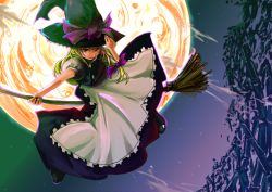 Rule 34 | 1girl, apron, black dress, blonde hair, broom, broom riding, brown eyes, closed mouth, dress, female focus, full body, full moon, hat, kirisame marisa, looking at viewer, luft, moon, night, outdoors, puffy short sleeves, puffy sleeves, short sleeves, smirk, solo, touhou, waist apron, witch hat