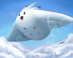 Rule 34 | above clouds, animal focus, black eyes, blank eyes, blue sky, blurry, bokeh, cloud, creatures (company), day, depth of field, flying, full body, game freak, gen 4 pokemon, gradient sky, happy, highres, looking up, midair, nintendo, no humans, open mouth, pokemon, pokemon (creature), rio (user nvgr5434), sky, smile, solo, togekiss