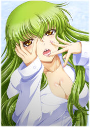 Rule 34 | 1girl, border, breasts, c.c., cleavage, code geass, collarbone, commentary request, green hair, hands on own face, highres, kaname aomame, lips, long sleeves, looking at viewer, medium breasts, open mouth, pink nails, shirt, solo, teeth, upper body, white border, white shirt, yellow eyes