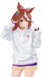 Rule 34 | 1girl, absurdres, animal ears, arasaka inu, arm up, blue eyes, chinese commentary, commentary, cowboy shot, drawstring, hair between eyes, hair ribbon, hand up, highres, hood, hood down, hoodie, horse ears, horse girl, light brown hair, long hair, looking at viewer, mixed-language commentary, one eye closed, open mouth, pink ribbon, ribbon, shorts, simple background, sleeves past wrists, smile, solo, standing, star (symbol), tokai teio (umamusume), umamusume, white background, white hoodie, wrinkled fabric, yellow shorts