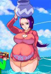 Rule 34 | 1girl, balancing on head, blue sky, breasts, camera, cleavage, cleavage cutout, clothing cutout, cloud, covered erect nipples, curvy, day, dress, elazuls-core, highres, huge breasts, link, lips, long hair, male hand, nintendo, no bra, object on head, ocean, outdoors, plump, pointy ears, ponytail, pot, pregnant, purple eyes, purple hair, short dress, sky, solo focus, sue-belle, the legend of zelda, the legend of zelda: the wind waker, thick thighs, thighs, toon link, wading, wide hips