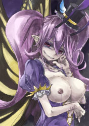 Rule 34 | 1girl, bad id, bad pixiv id, bags under eyes, breast hold, breasts, cattleya (p&amp;d), dress, fairy, fairy wings, grin, hat, juliet sleeves, lace, lactation, large breasts, long hair, long sleeves, looking at viewer, mini hat, mini top hat, nail polish, nipples, pale skin, pointy ears, puffy sleeves, purple dress, purple eyes, purple hair, puzzle &amp; dragons, smile, solo, top hat, twintails, upper body, wings, yohane