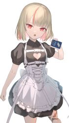 Rule 34 | 1girl, absurdres, apron, belt, black dress, blonde hair, blunt bangs, chest belt, cleavage cutout, clothing cutout, collared dress, colored inner hair, dress, head tilt, heart cutout, heart o-ring, highres, holding, looking at viewer, makaino ririmu, makaino ririmu (5th costume), multicolored hair, nijisanji, open mouth, pink hair, pointy ears, puffy short sleeves, puffy sleeves, rakkasei, red eyes, short hair, short sleeves, simple background, solo, streaked hair, too many, too many belts, virtual youtuber, white apron, white background, white belt