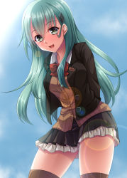 Rule 34 | 1girl, absurdres, aqua eyes, aqua hair, arms behind back, ascot, breasts, brown jacket, brown skirt, brown thighhighs, cardigan, cowboy shot, frilled skirt, frills, green hair, hair between eyes, hair ornament, hairclip, highres, jacket, kantai collection, long hair, looking at viewer, medium breasts, open clothes, open jacket, open mouth, outdoors, pleated skirt, red ascot, ruin re birth, school uniform, skirt, solo, sunlight, suzuya (kancolle), thighhighs