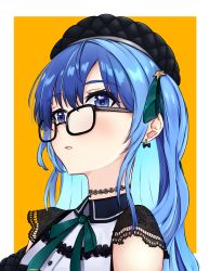Rule 34 | 1girl, appleofmyeye, beret, black choker, black hat, blue eyes, bow, bow earrings, choker, colored inner hair, earrings, glasses, hat, highres, hololive, hoshimachi suisei, hoshimachi suisei (streetwear), jewelry, lace, lace choker, lace sleeves, light blush, long hair, looking at viewer, multicolored hair, neck ribbon, one side up, portrait, ribbon, solo, star (symbol), star in eye, symbol in eye, virtual youtuber, yellow background