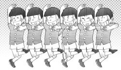 Rule 34 | 6+boys, black hair, bowl cut, brothers, child, closed eyes, gradient background, grey background, greyscale, heart, heart in mouth, male focus, matching outfits, matsuno choromatsu, matsuno ichimatsu, matsuno jyushimatsu, matsuno karamatsu, matsuno osomatsu, matsuno todomatsu, monochrome, mujiro, multiple boys, osomatsu-kun, osomatsu (series), polka dot, polka dot background, sextuplets, sheeeh!, short sleeves, shorts, siblings, simple background, smile, wing collar