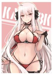 Rule 34 | 1girl, ahoge, alternate costume, belt, bikini, black ribbon, blush, boots, breasts, character name, choker, cleavage, closed mouth, collarbone, cross, cross choker, girls&#039; frontline, hair between eyes, hair ornament, hair ribbon, hakuya (white night), hand on own chest, iron cross, kar98k (girls&#039; frontline), large breasts, long hair, looking at viewer, navel, open mouth, red bikini, red eyes, ribbon, side-tie bikini bottom, simple background, skindentation, smile, solo, swimsuit, thigh boots, thighhighs, very long hair, white hair, wrist ribbon
