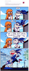Rule 34 | 1boy, 1girl, bike shorts, blue hair, brush, clementine lanark, comic, english text, fangs, gradient background, grin, hand on own chin, highres, inkbrush (splatoon), inkling, inkling boy, inkling girl, inkling player character, jitome, layered sleeves, long hair, long sleeves, monster boy, monster girl, music, nintendo, open mouth, orange hair, pointy ears, running, short over long sleeves, short sleeves, singing, smile, sonic (series), splatoon (series), splatoon 1, stroking own chin, sweat, tamarinfrog, tentacle hair, thinking, whinter castello