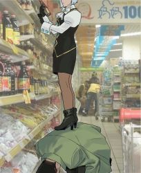 Rule 34 | 1boy, 1girl, ace attorney, all fours, black footwear, black gloves, black hair, black pantyhose, black skirt, black vest, blue hair, bottle, bow, bowtie, breasts, brooch, capcom, closed mouth, coat, convenience store, dick gumshoe, earrings, franziska von karma, from side, gloves, godzillapigeon1, green coat, hands up, head down, head out of frame, high heels, highres, holding, holding bottle, indoors, jewelry, juliet sleeves, long sleeves, miniskirt, pantyhose, pencil behind ear, pencil skirt, phoenix wright: ace attorney - justice for all, photo background, puffy sleeves, shirt, shoes, shop, shopping cart, short hair, skirt, small breasts, standing, standing on person, vest, white bow, white bowtie, white shirt