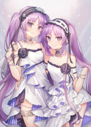 Rule 34 | 2girls, arm around waist, bare shoulders, black flower, black hairband, black rose, blush, choker, closed mouth, commentary, coyucom, dress, euryale (fate), fate/hollow ataraxia, fate (series), flower, frilled hairband, frills, hairband, head tilt, highres, lolita hairband, long hair, looking at viewer, multiple girls, purple eyes, purple hair, ribbon-trimmed hairband, ribbon trim, rose, short dress, siblings, sisters, smile, stheno (fate), strapless, strapless dress, striped clothes, striped hairband, thighlet, twintails, very long hair, white dress, white flower, white hairband, white rose