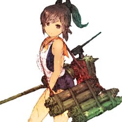 Rule 34 | 10s, 1girl, brown eyes, brown hair, cowboy shot, deck gun, from side, gradient filter, gurin33, i-401 (kancolle), kantai collection, legs, long hair, looking at viewer, mecha musume, ponytail, school swimsuit, simple background, sketch, smile, solo, swimsuit, tan, torpedo tubes, white background