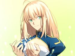Rule 34 | 1girl, ahoge, artoria pendragon (all), artoria pendragon (fate), blonde hair, chietori, dress, eyebrows hidden by hair, fate/grand order, fate/stay night, fate (series), green eyes, hair between eyes, highres, long hair, looking at viewer, official style, saber (fate), smile, solo, upper body
