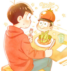 Rule 34 | 2boys, broccoli, cup, eye contact, food-themed clothes, food-themed hat, green eyes, hood, hoodie, looking at another, matsuno choromatsu, matsuno osomatsu, meoon, multiple boys, osomatsu-san, osomatsu (series), red eyes, red hoodie, sweatdrop