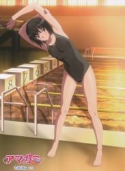 Rule 34 | 1girl, absurdres, amagami, armpits, arms behind head, arms up, barefoot, black hair, blue eyes, blush, competition swimsuit, cover, dvd cover, evening, feet, full body, highres, indoors, lane line, nanasaki ai, official art, one-piece swimsuit, pool, pool ladder, poolside, short hair, smile, solo, standing, stretching, swimsuit, twilight, water